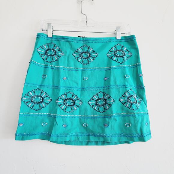 Zara Cotton Mini Skirt with Floral Beading & Embroidery Size Medium Teal - Picture 3 of 9